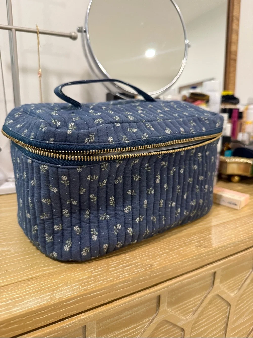 Anthropologie Quilted Navy Floral Travel Case with Top Handle